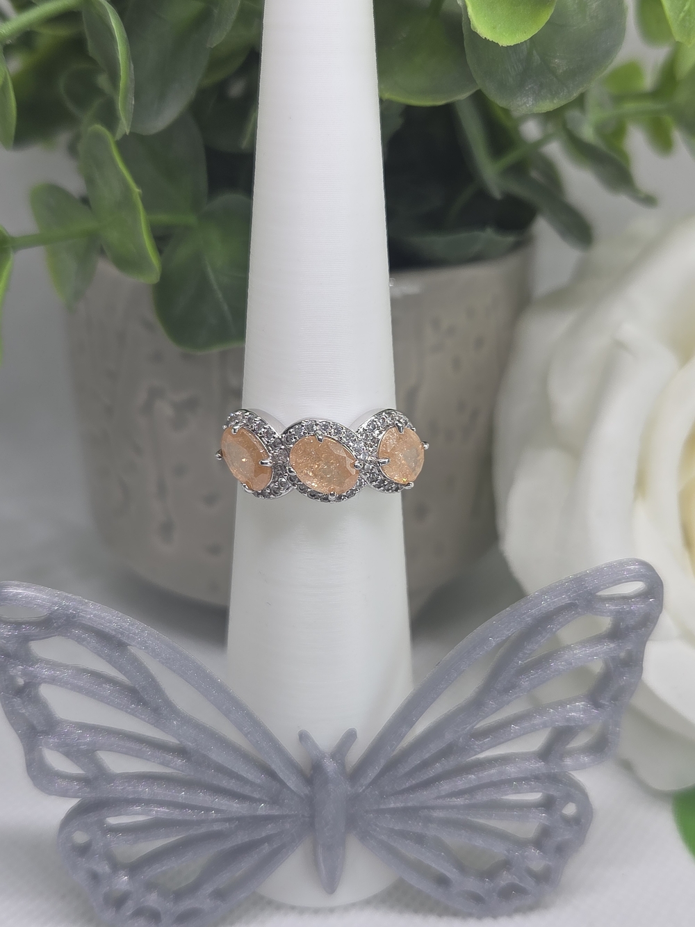 BP Peach Crystal Halo Trio Ring On Rhodium Plating